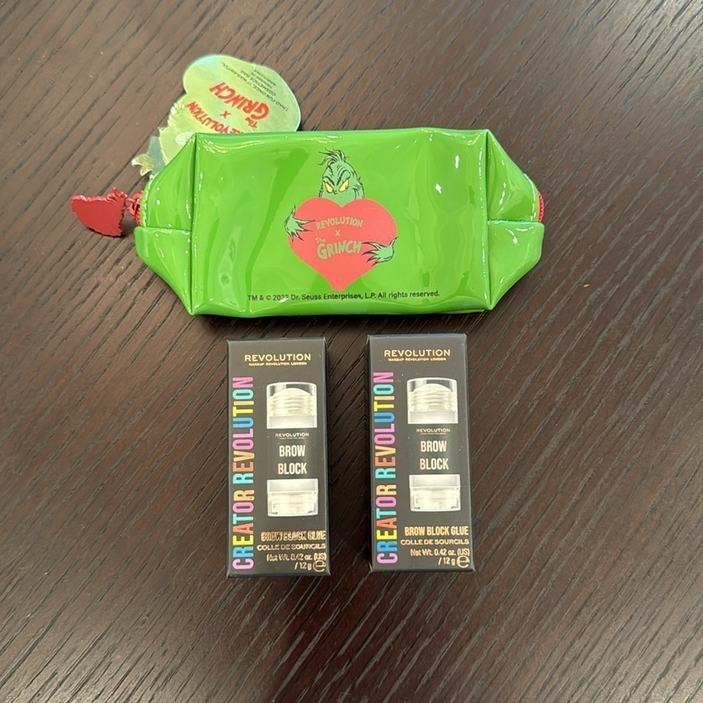 NIB Grinch Bundle Bag and Two Makeup Revolution Creator Revolution Brow Blocks